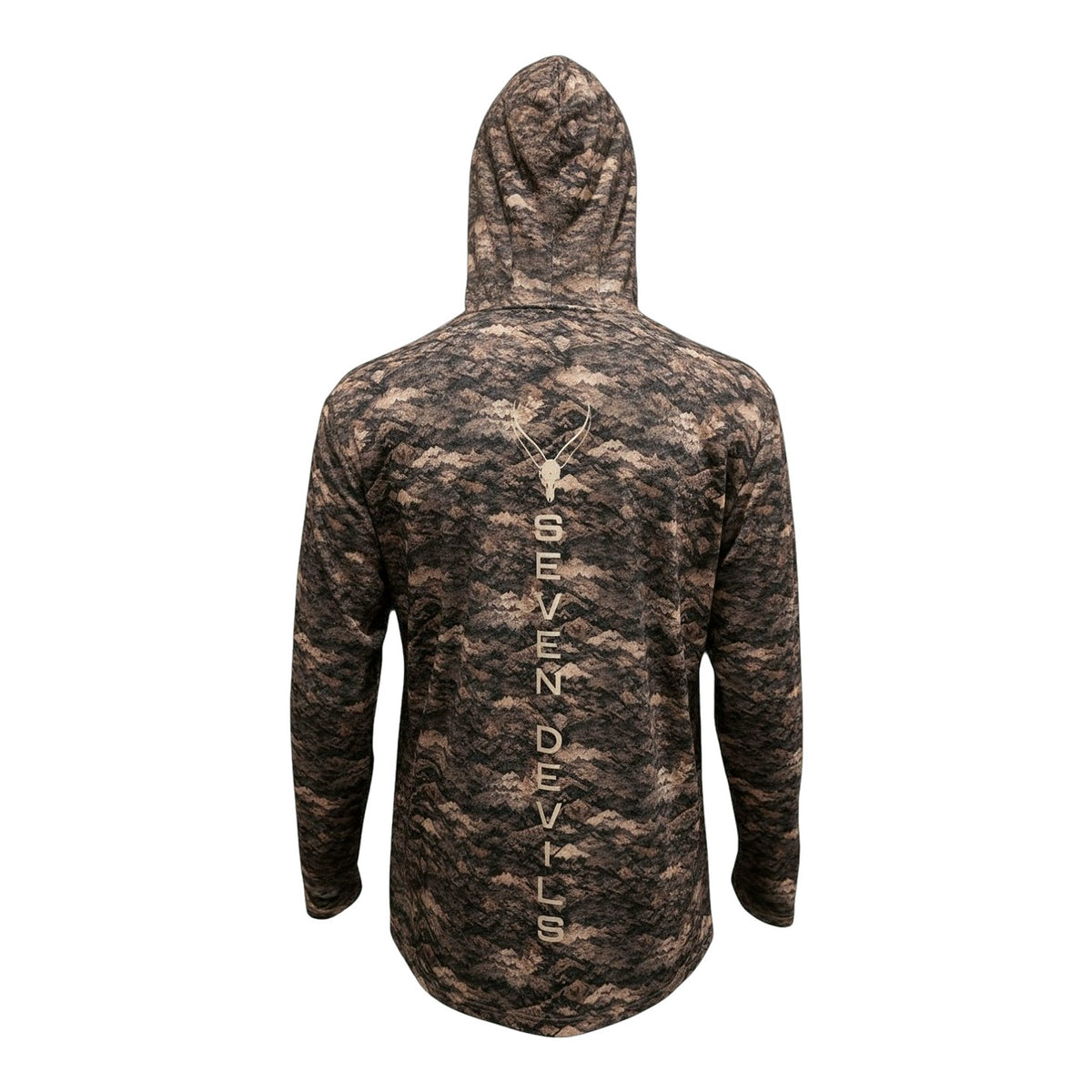 Grave Point Hoody in Canyon Ghost camo, back view with hood up and vertical Seven Devils spine print