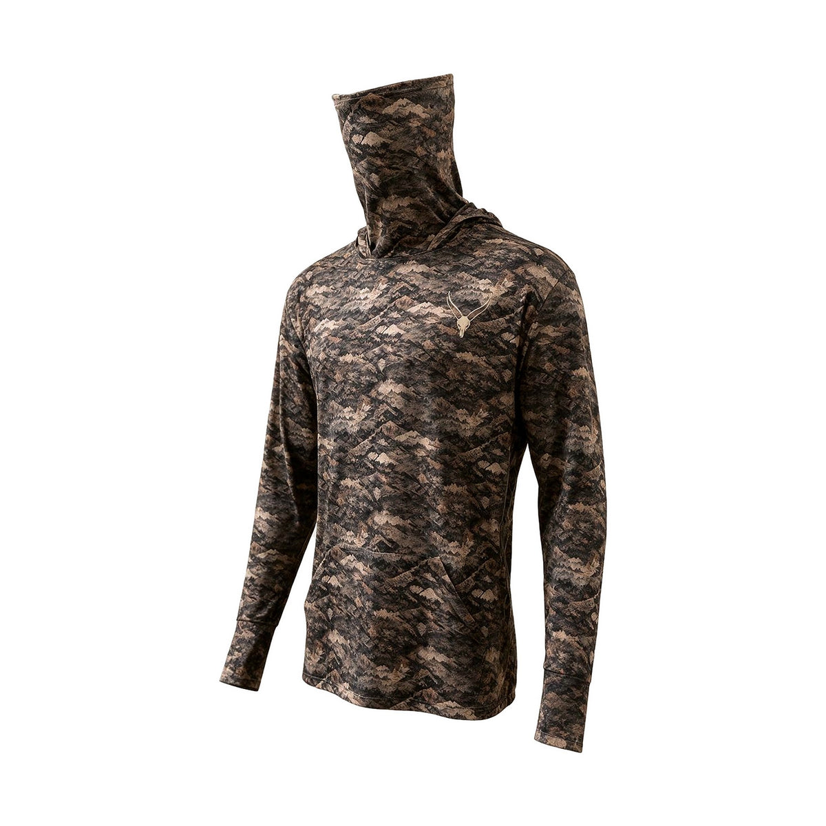 Grave Point Hoody in Canyon Ghost camo, three-quarter front view with the built-in neck gaiter pulled up