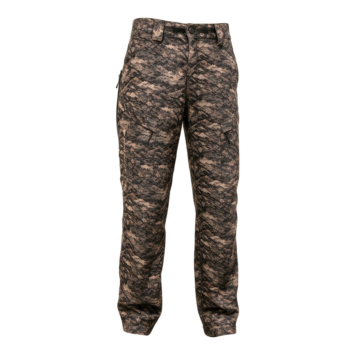 Grave Point Pant in Canyon Ghost camo, front view with angled zip pockets and Seven Devils logo on the left thigh
