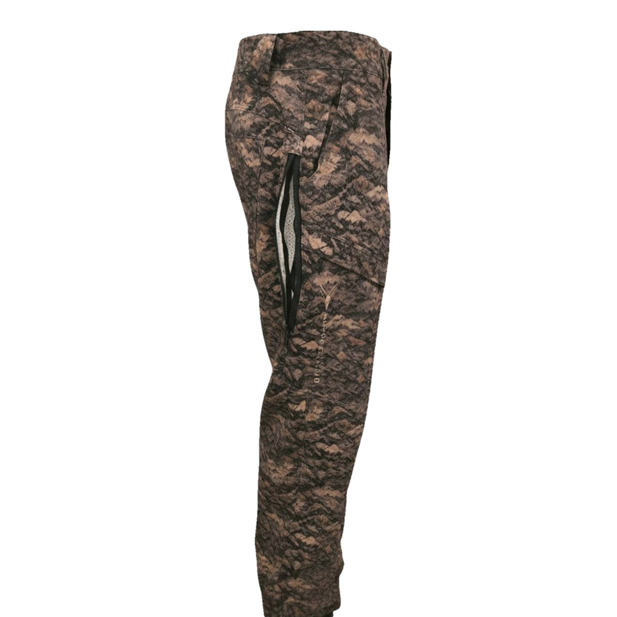 Grave Point Pant in Canyon Ghost camo, side view with the mesh-backed thigh vent unzipped