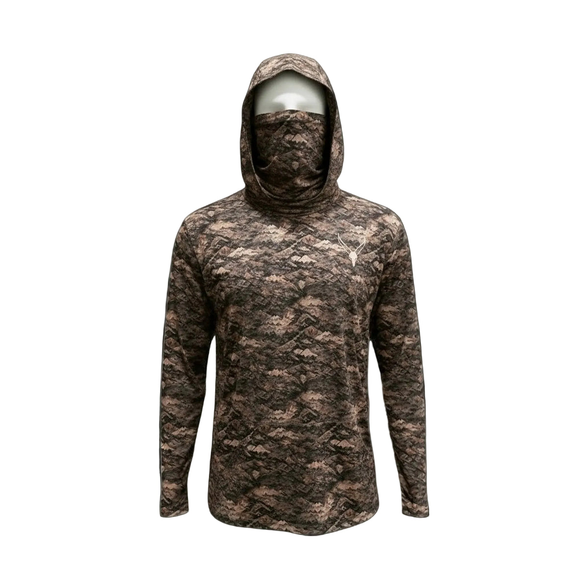 Grave Point Hoody in Canyon Ghost camo, front view with hood up and built-in gaiter pulled over the face