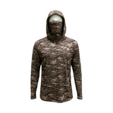 Grave Point Hoody in Canyon Ghost camo, front view with hood up and built-in gaiter pulled over the face