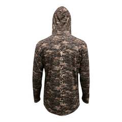Grave Point Hoody in Canyon Ghost camo, back view with hood up and vertical Seven Devils spine print
