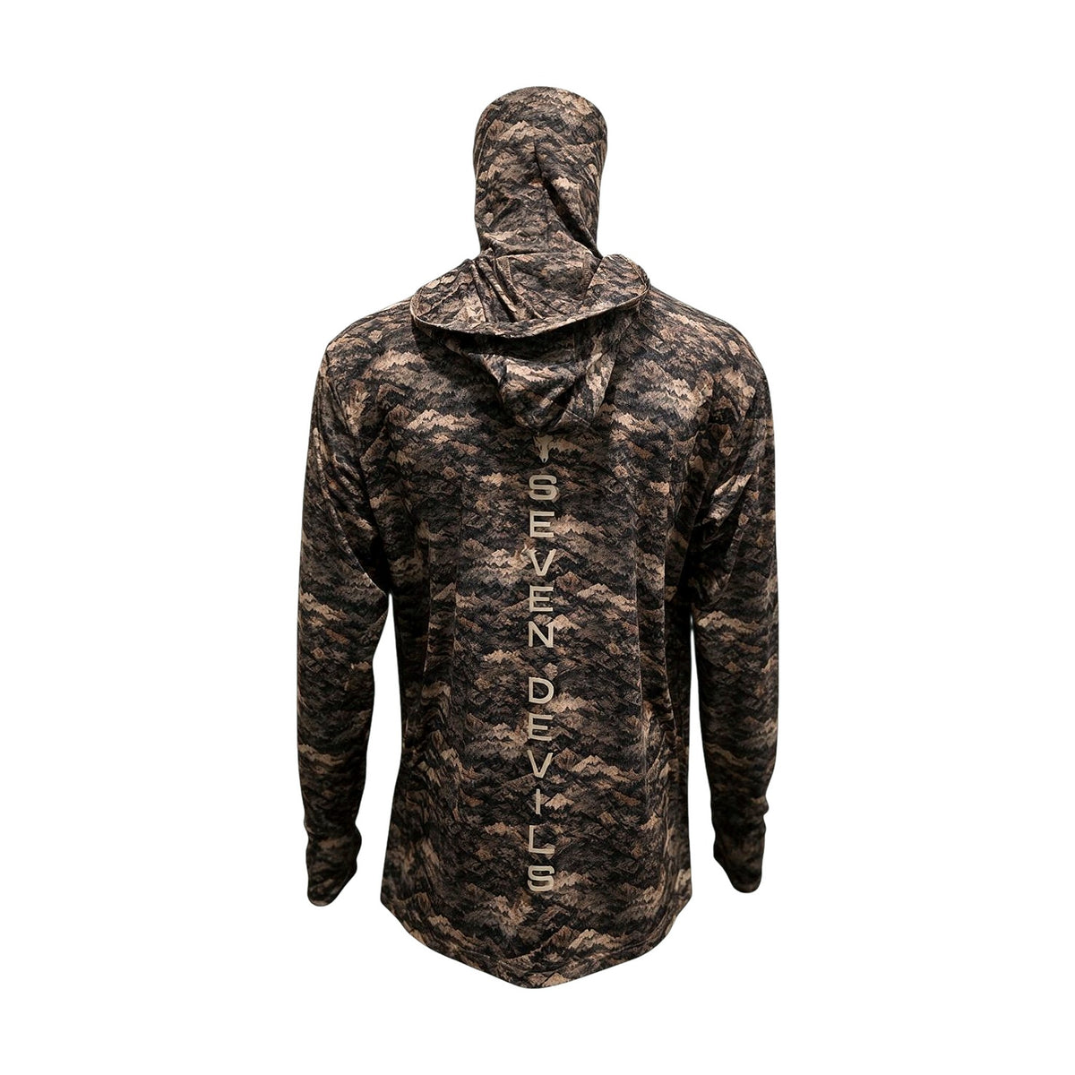 Grave Point Hoody in Canyon Ghost camo, back view with gaiter up, hood down and Seven Devils spine print