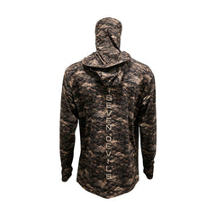 Grave Point Hoody in Canyon Ghost camo, back view with gaiter up, hood down and Seven Devils spine print